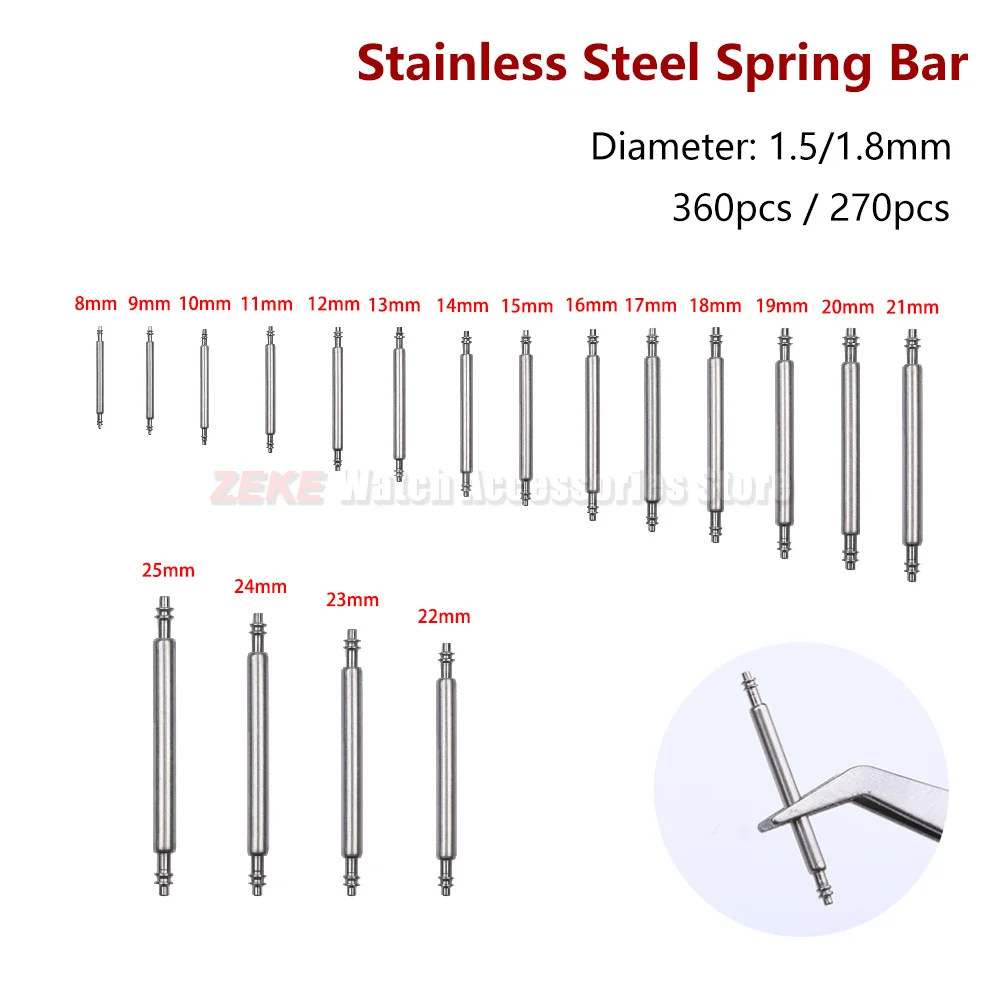 360pcs/set Metal Link Pin Watch Repair Tools Dia 1.8mm/1.5mm Strainless Steel Spring Bars Length 8mm- 25mm Watch Band Strap Pins