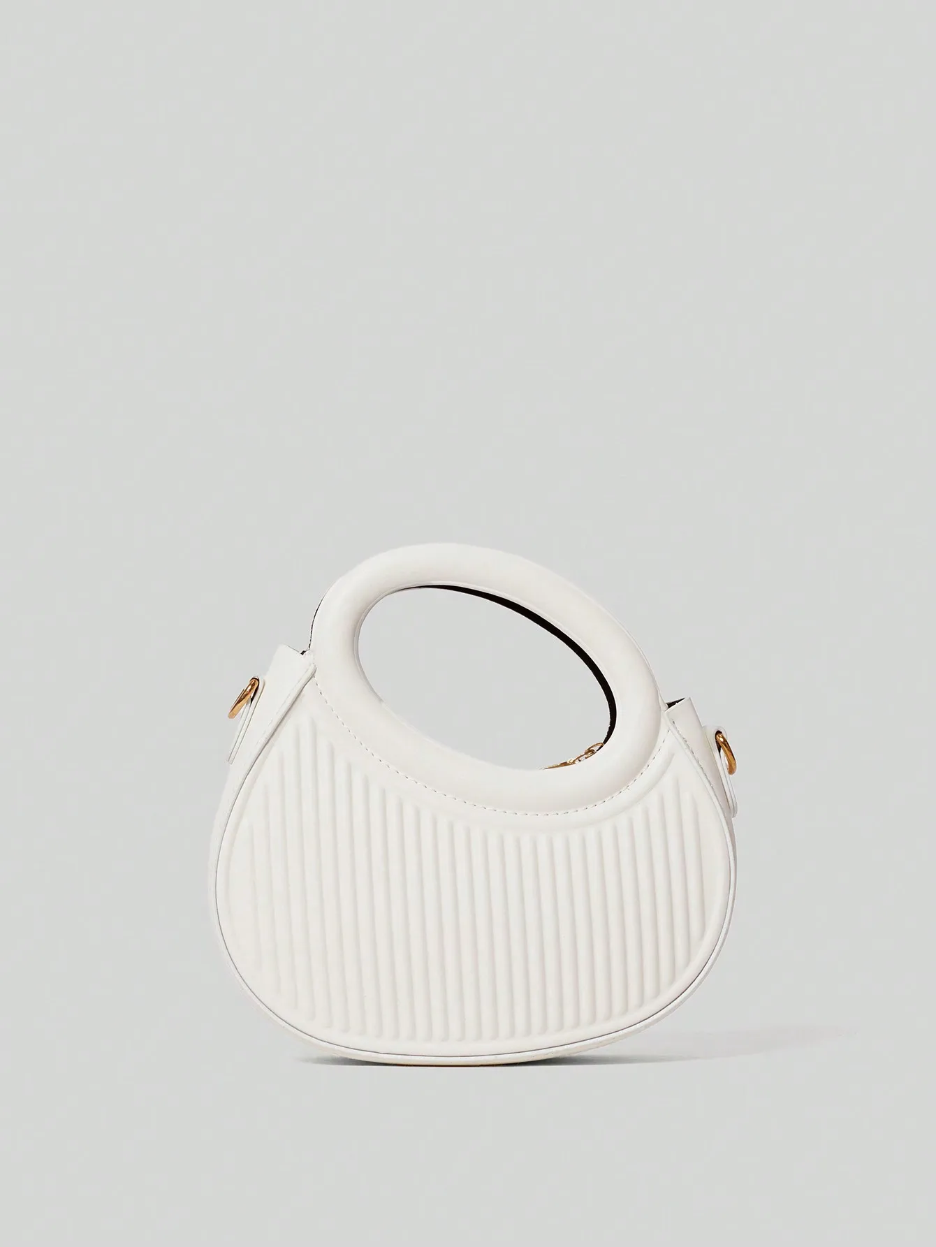 

White Round Handheld Crossbody Bag with Vertical Ribbed Texture and Gold Hardware