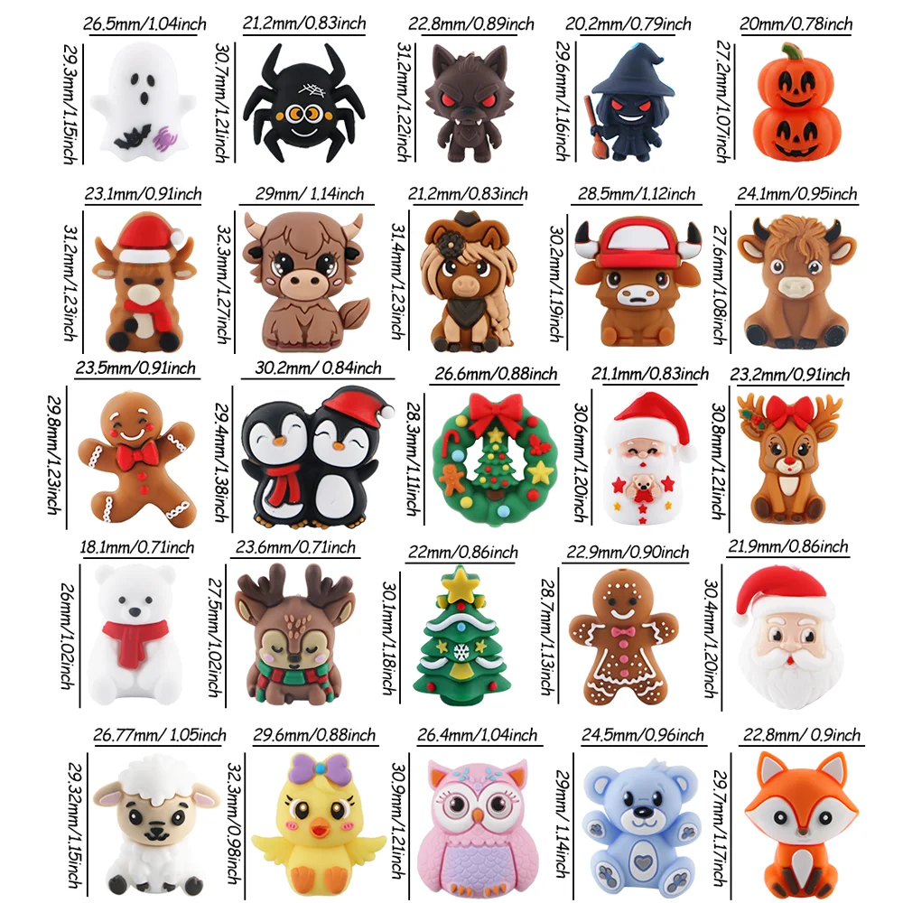 5pcs/Lot Halloween Christmas Santa Claus Elk Gingerbread Man Tree Bear 3D Silicone Focal Beads DIY Jewelry Making Accessories