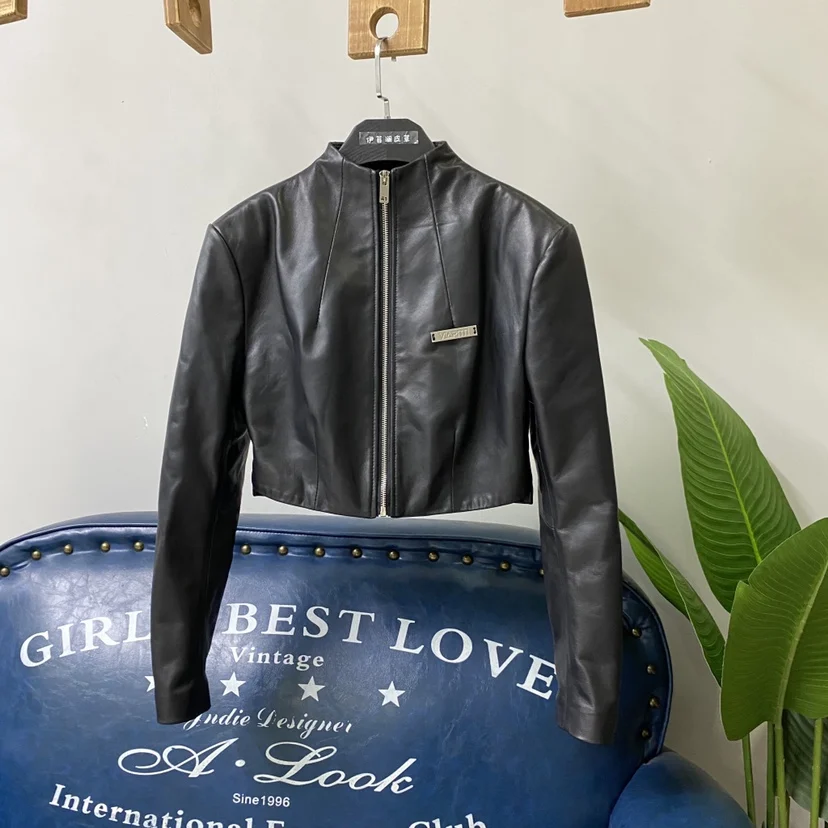 Trendy hoge taille rits echt leer motorfiets Jaet dames oulderpad Super ort eepskin jas Jaet