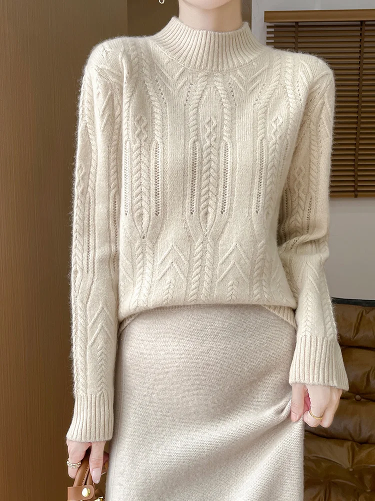 

Women’s Sweater Mock Neck Pullover Cashmere Long Sleeve Thick 100% Merino Wool Knitwear Twist Flower Warm Chic Top Autumn Winter