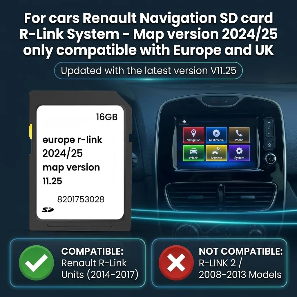 Premium R-Link GPS Map SD Card V11.25 Full Europe Update Plug & Play Compatible With Renault Clio Captur Kangoo Trafic 2014-2017