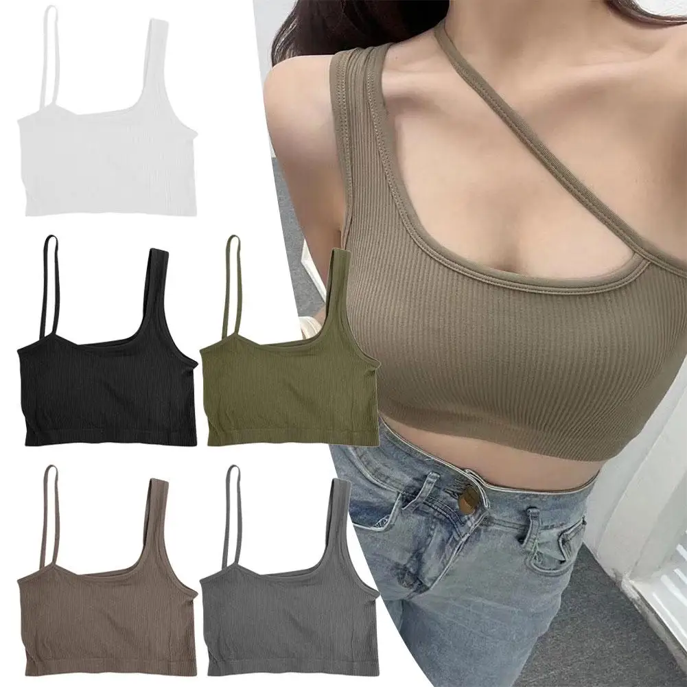 Women's Sexy One Shoulder Sleeveless Crop Tops With Asymmetrical Color Casual Slim Fit Tube Solid Chest Top Pad B4K6