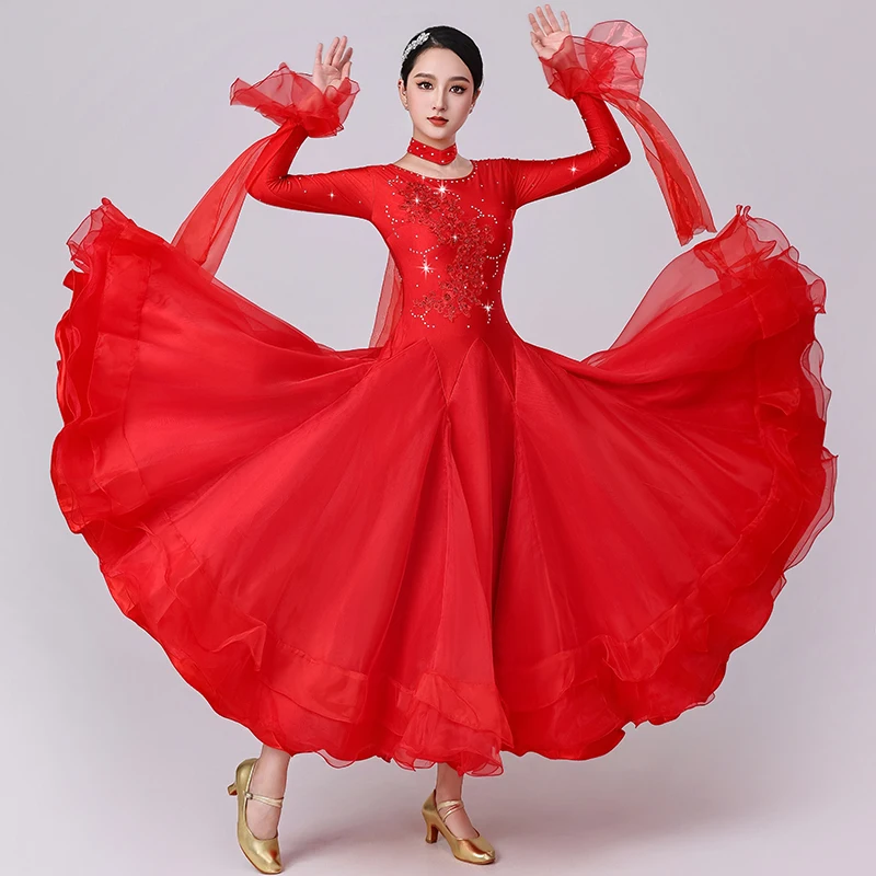 

Ballroom Dance Dress High Quality Emerald Lake Blue Party Dance Dress Rhinestone Practice Round Neck Red Long Sleeve Dance Dress
