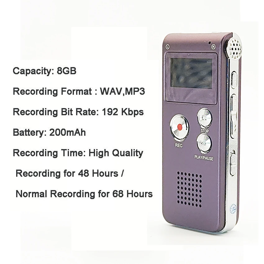 Multifunctional Rechargeable 8GB 650HR Digital Audio Voice Recorder Dictaphone MP3 Player