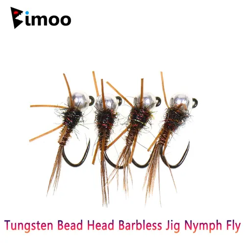Bimoo # 16 # 14 cabeza de cuentas de tungsteno sin púas Stonefly Jig Ninfa Fly fregadero rápido cola de faisán húmedo Euro Ninfa mosca trucha Señuelos de pesca