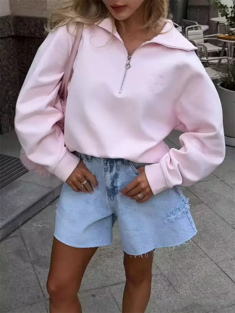 Fashion Women Pink Sweatshirt American Vintage  Pullover Top 2025 New Loose Half Zip Letter Embroidery Outwear
