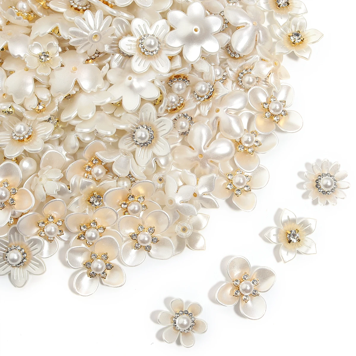 20pcs/lot Resin Beads Diamond Inlaid ABS Imitation Pearl Flower for DIY Jewelry Making Headwear Wedding Decoration Accessories