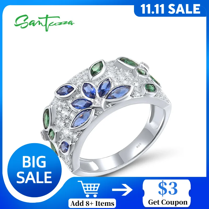

SANTUZZA Real 925 Sterling Silver Rings For Women Sparkling Blue Green Spinel White CZ Cluster Flower Marquise Fine Jewelry
