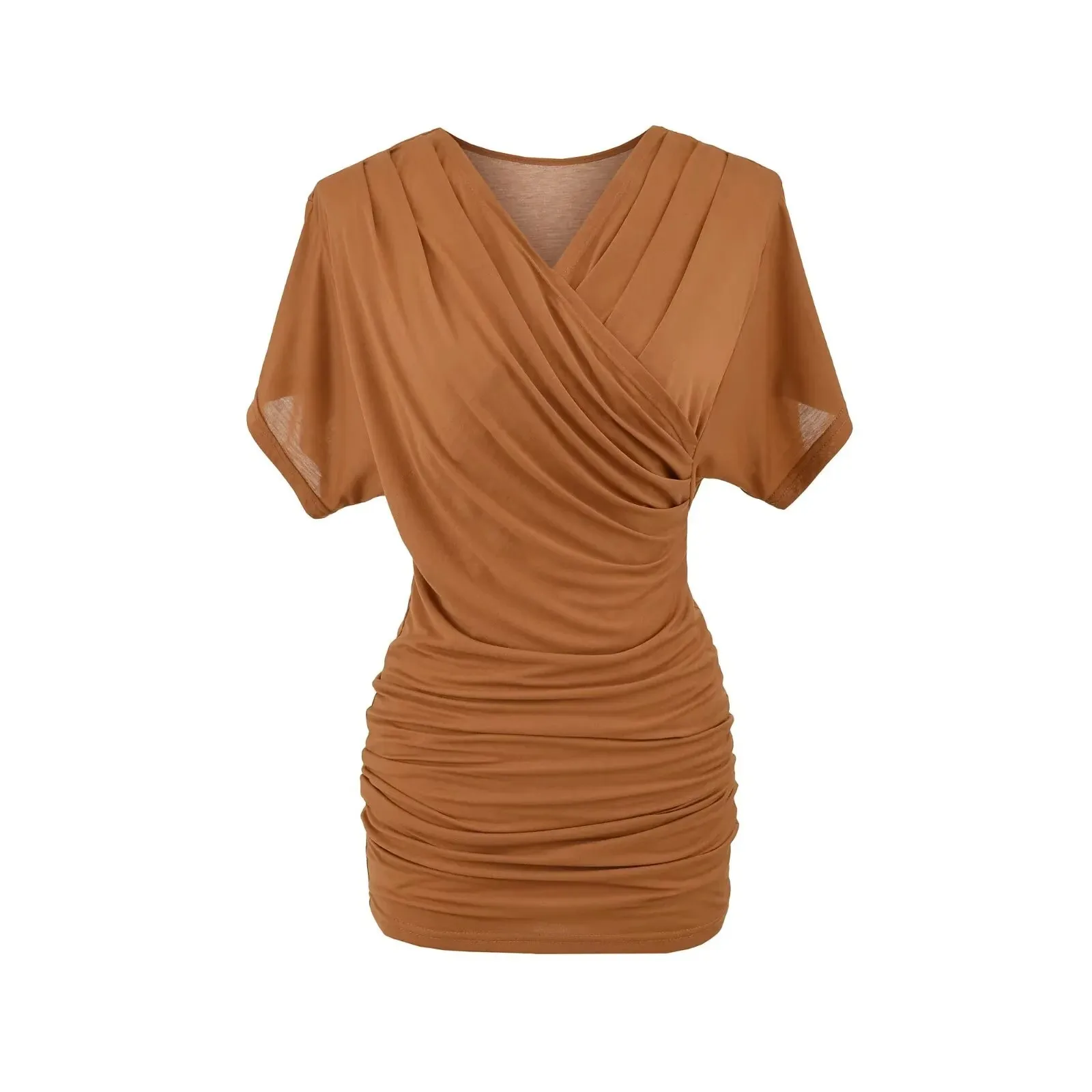 Outstanding Temperament ~ Cross V-neck Pleated Short Sleeve T-shirt Early Autumn Slim Fit Top Two-way Wear Bodycon Dress MRR5