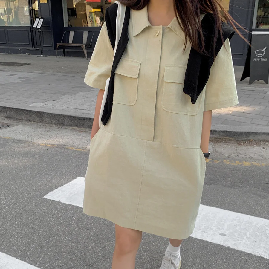 Korean Style Simple Shirt Collar One Button Double Pocket Loose Dress Long And Short Versions Casual High Waist Other Material