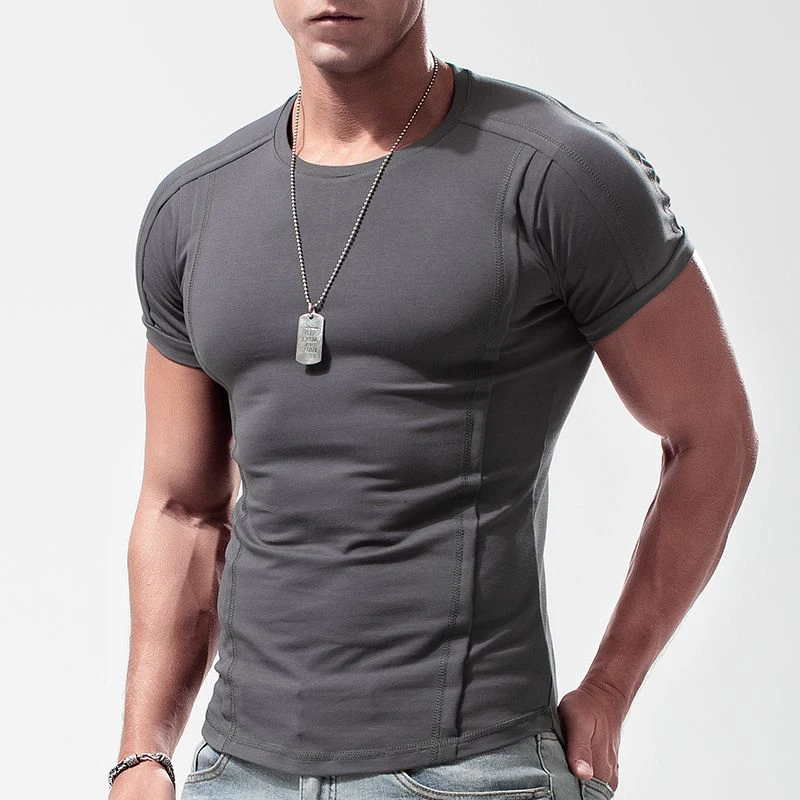 Summer mens crew neck Shirt Slim Fit Cotton Short Sleeve Jogger T-Shirt Mens Pure Color Basic Tops