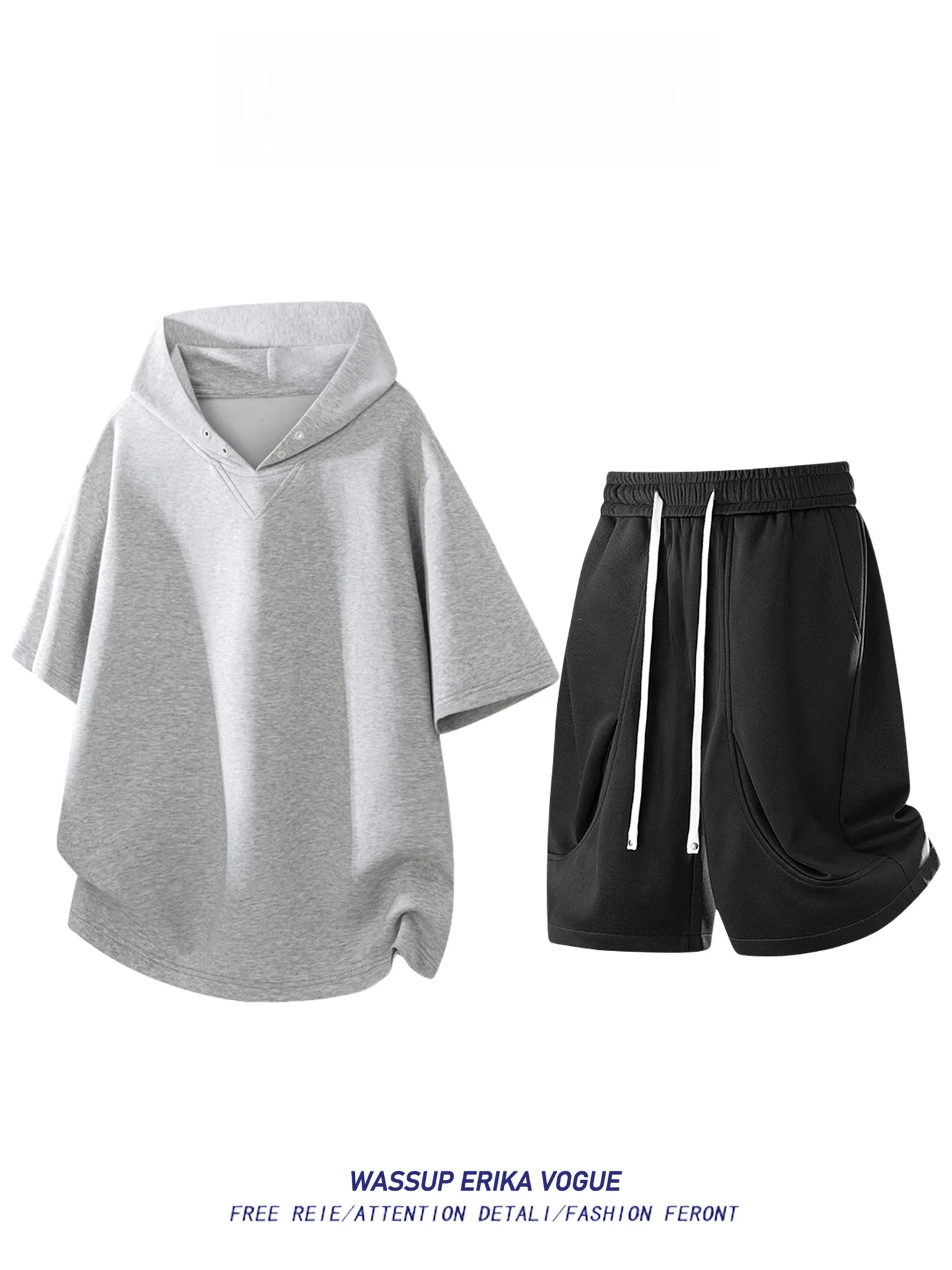 Conjunto de Camiseta com Capuz e Calças Curtas Wassup Erika Estilo Americano Retro para Homens, Roupas Casuais de Verão em Mi...