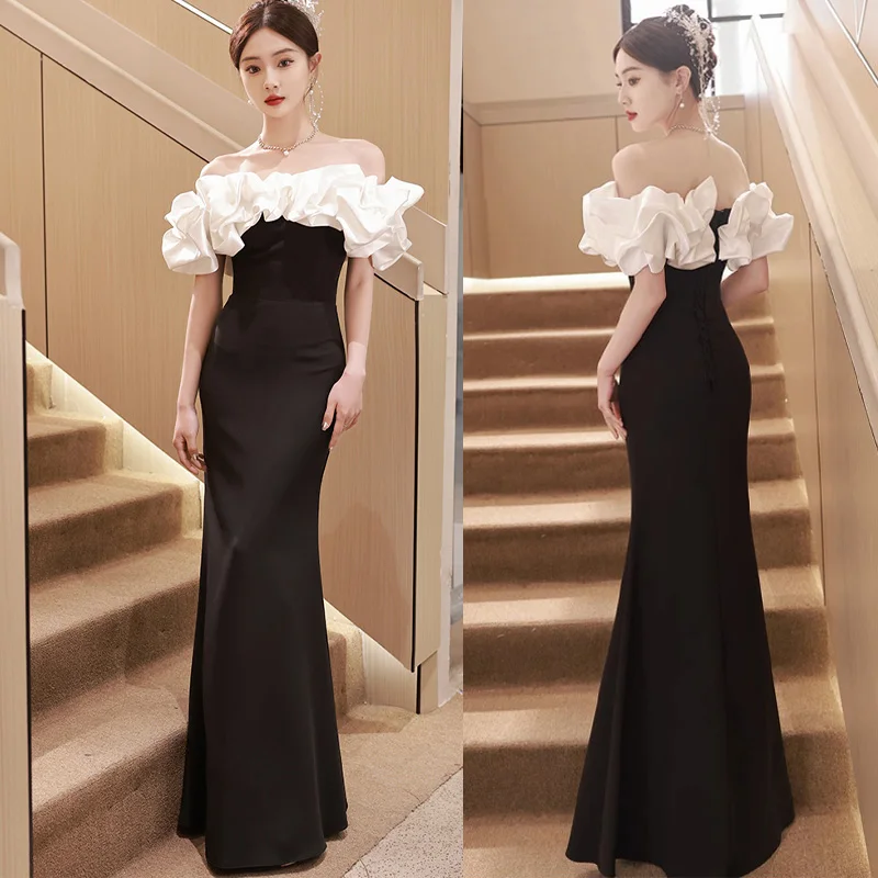 

It's Yiiya Black Short Sleeves Pleat Floor-Length Lace Up Mermaid Formal Dress Boat Neck Satin Fashion Dress Woman Party A2783