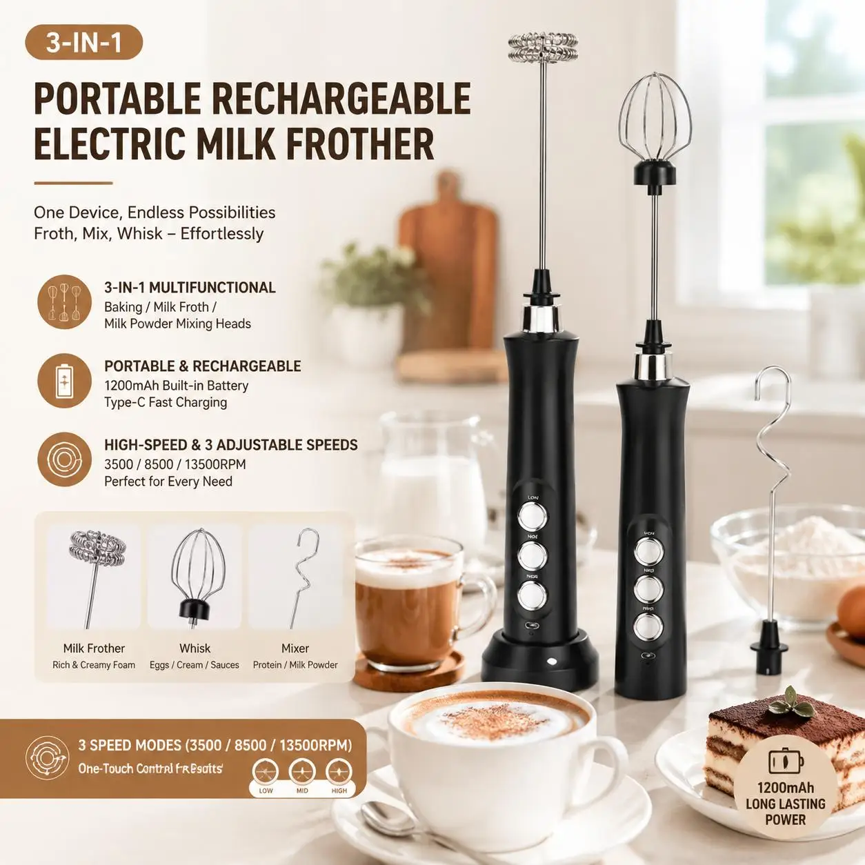 Electric Milk Frother USB Rechargeable Mini Handheld Portable Powerful Foam Maker 3 Speed Whisks for Latte Coffee Cappuccino Stainless Steel Egg Beater Drink Mixer Hot Chocolate Blender Kitchen Gadgets Tools