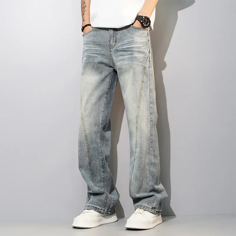 

LIBIELIY Four Seasons Men's American Loose Straight Wide Leg Jeans Pants Washed Light Blue Solid Color New Fashion Denim Trouse