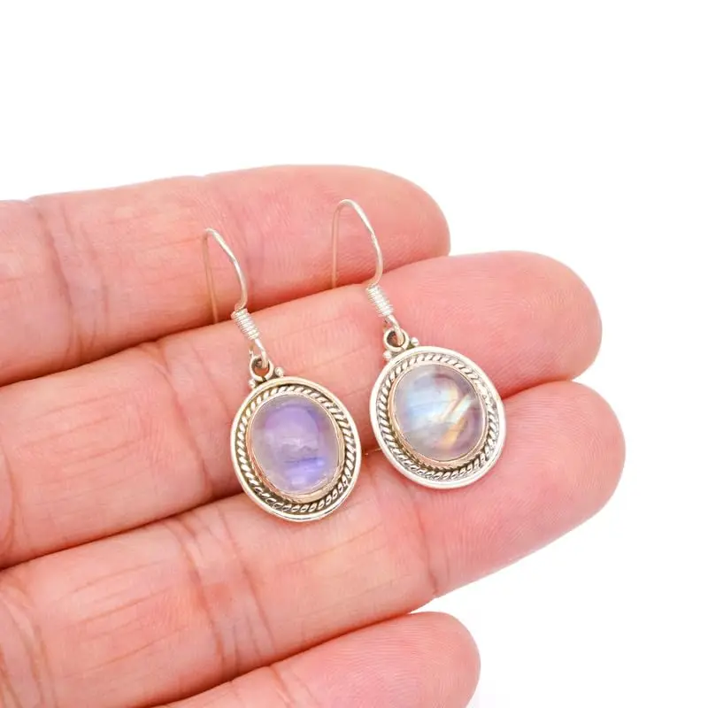 

StarGems Natural Rainbow Moonstone Handmade 925 Sterling Silver Earrings 1 1/4" F6753