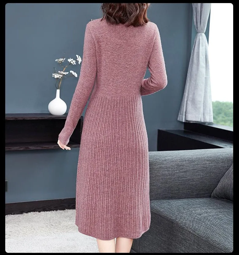 Knitted Dress Autumn Winter New Large Size Women's Fashion Slim Mid Length Sweater Dresses Pullovers Bottoming Jumper Female