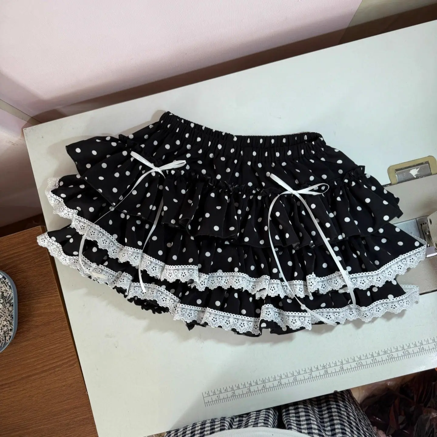 Y2K Sweet Lolita Polka Dot Mini Skirt Japanese Tiered Ruffle Lace Trim White Bow Black White Harajuku Subculture Party Outfit
