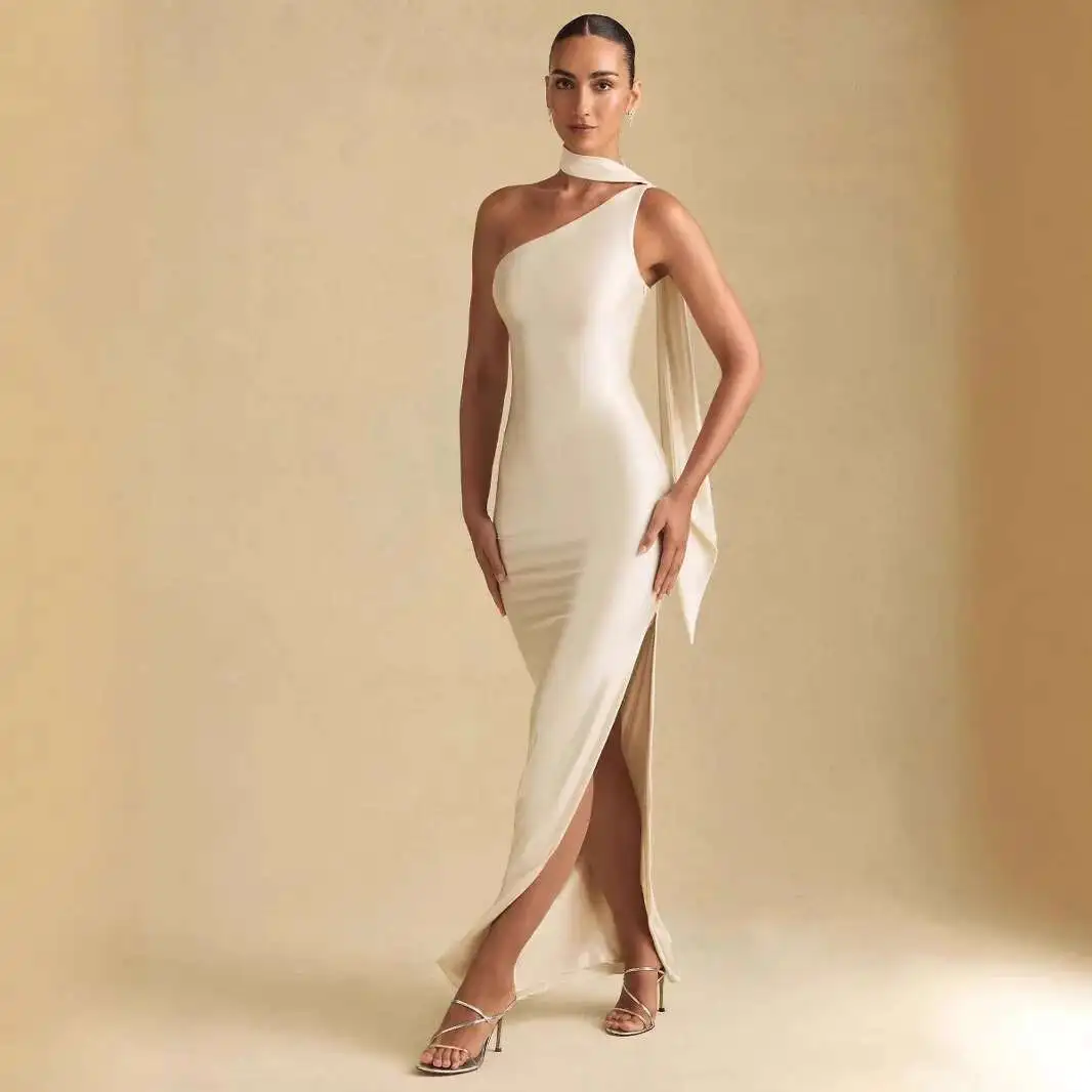 2025 New Style Off-shoulder Luxury High Elasticity High-grade Satin Sexy Slim Fit Bodycon Dress Dress Robe Vestido Women Elegant