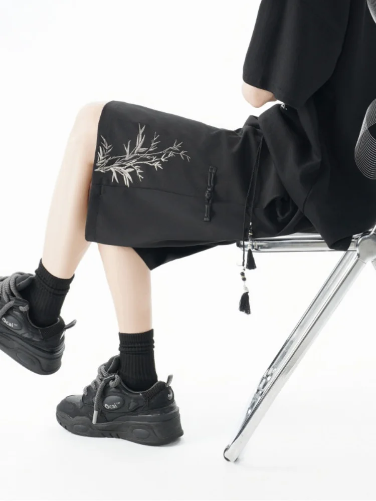 

New Chinese Sle Bamboo Embroidery Men's Summer Casual orts Loose Fit Thin Five-Point Pants Youthful Vitali Teenage Wear