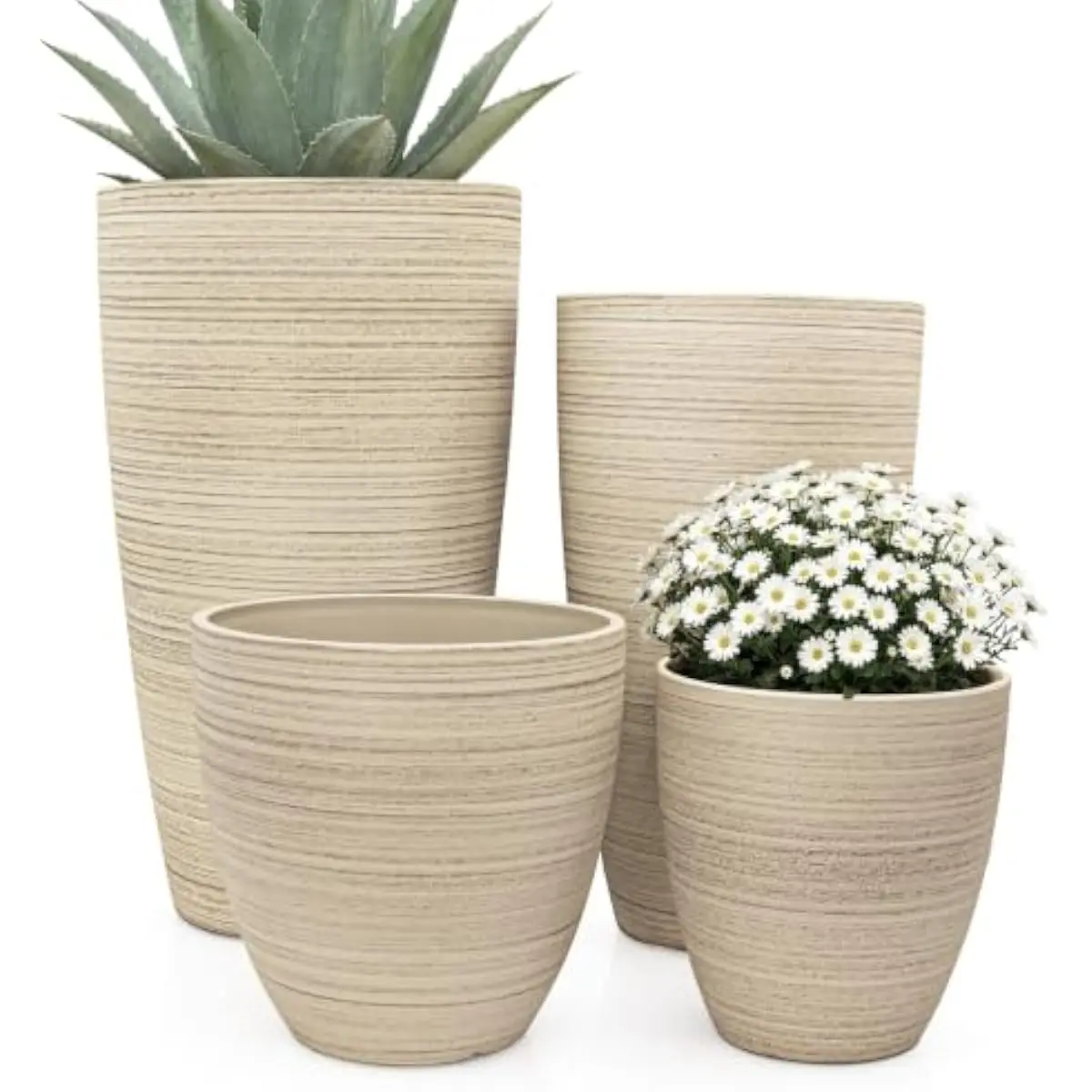 4 tall lightweight plastic planters in beige stone texture—21 18 12 and 10 inches—with integrated drainage holes and matching sa