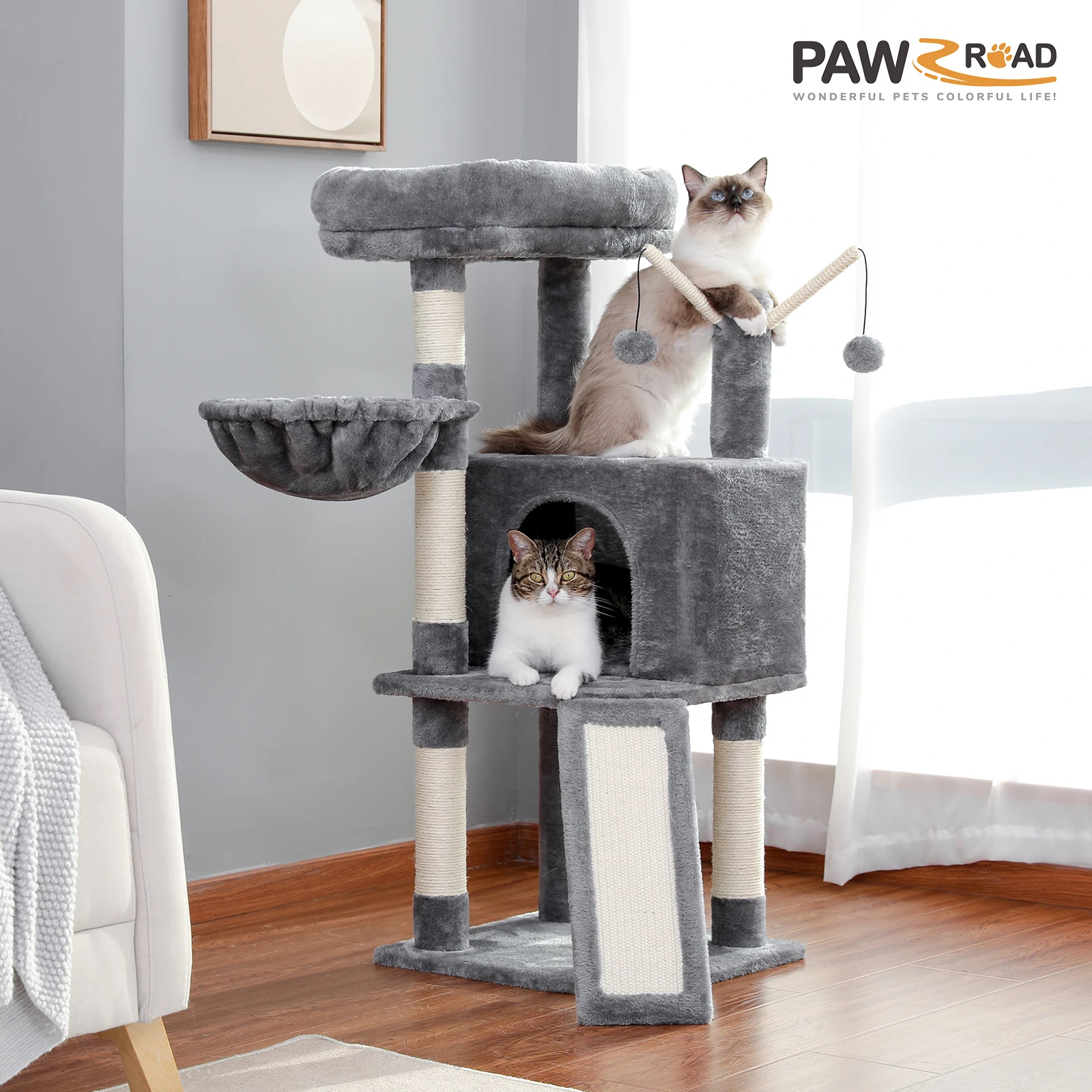 

H105CM Cat Tree Condo with Sisal Scratching Post Large Hummock Multi-Level Cat Tower with Scratching Board and Playing Ball Toys