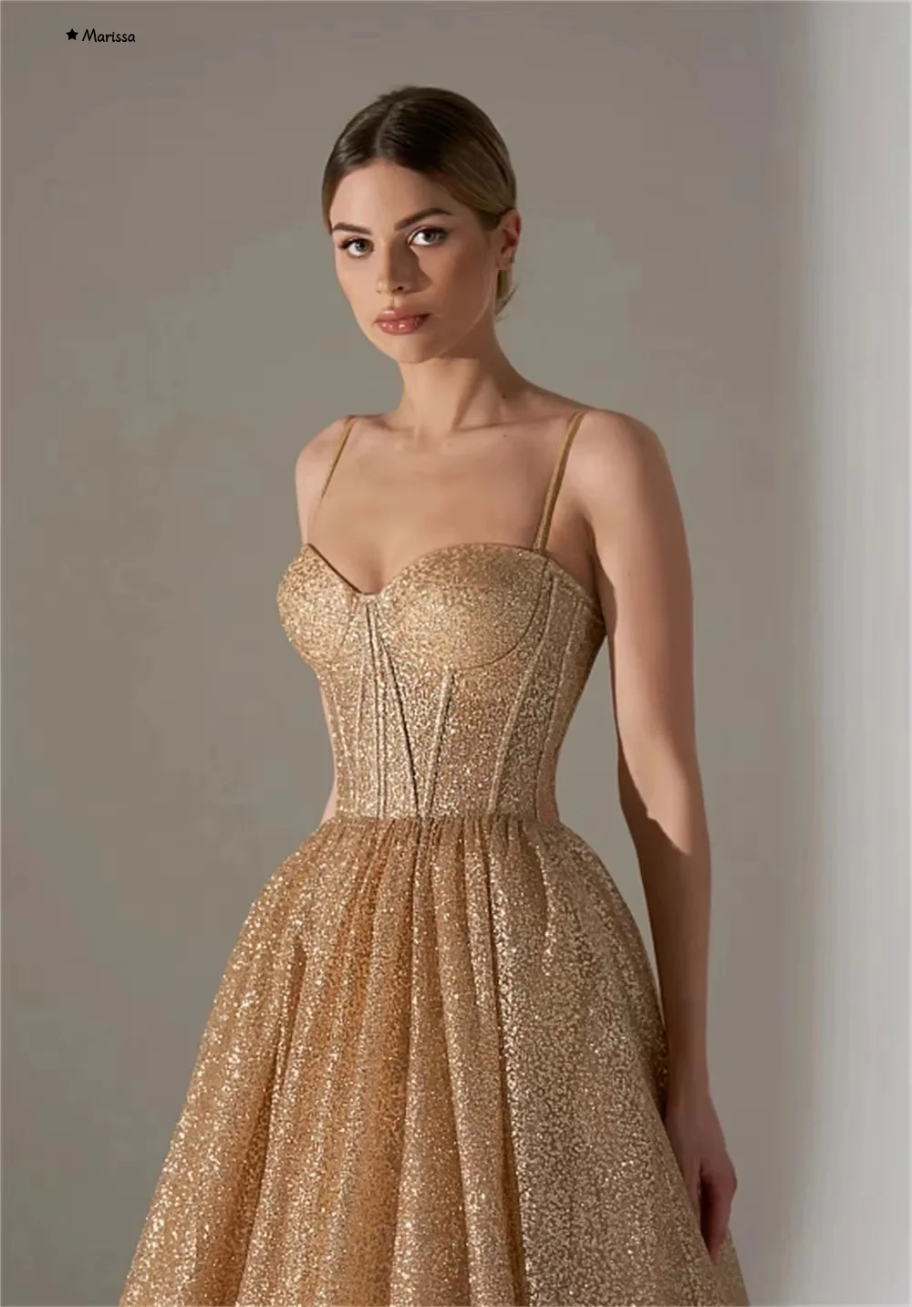 

Marissa Elegant Prom Dresses 2025 A-line Sequins Golden Off-shoulder Custom Made Sleeveless Ball Gown Dresses for Luxury Party