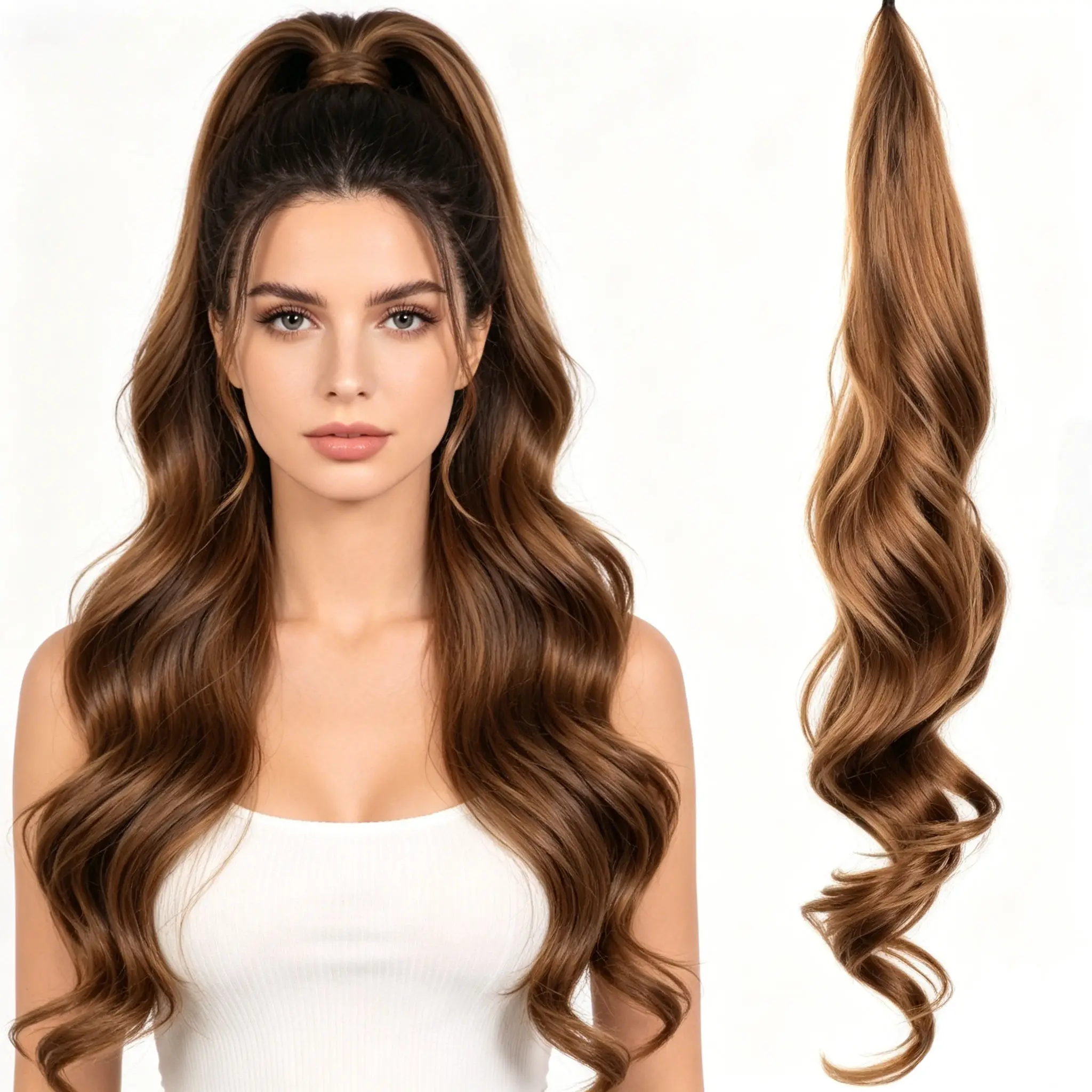 31.5inch Long Wavy Ponytail Wig, Women's Synthetic Fiber Clip-In Wrap-Around Ponytail Hairpiece. Suitable for Daily Parties, Photography, Makeup, and Gifts. Women Increase Their Hair Volume.