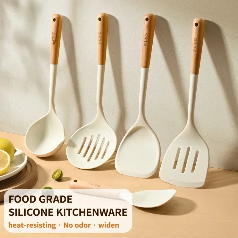 

Silicone Kitchenware Set, Durable Hardwood Handle, Heat Resistant tableware, Non-Stick Pan, Porridge Spoon, Shovel, Spatula