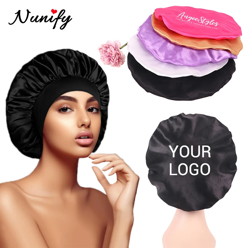 

Custom Logo Single Layer Satin Bonnet 10Pcs Silky Sleep Cap With 6Cm Wide Elastic Band Black Hair Caps For Hair Anti Breakage