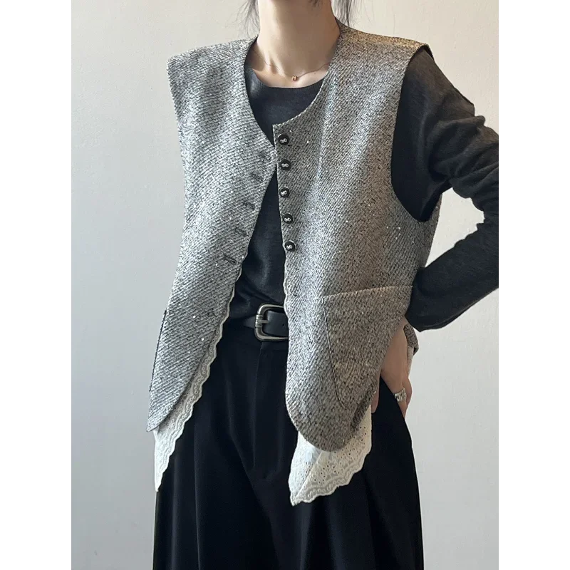 Lace Stitching Small Fragrance Round Neck Vest Women Wear Sleeveless Loose Shiny Sweet Tweed Coat Autumn 2024