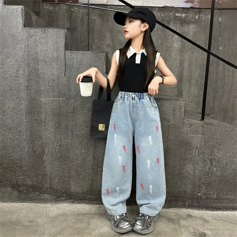 Girls' summer jeans 2024 new model 5-12 years old 15 years old foreign style large children's thin loose painted tide pants