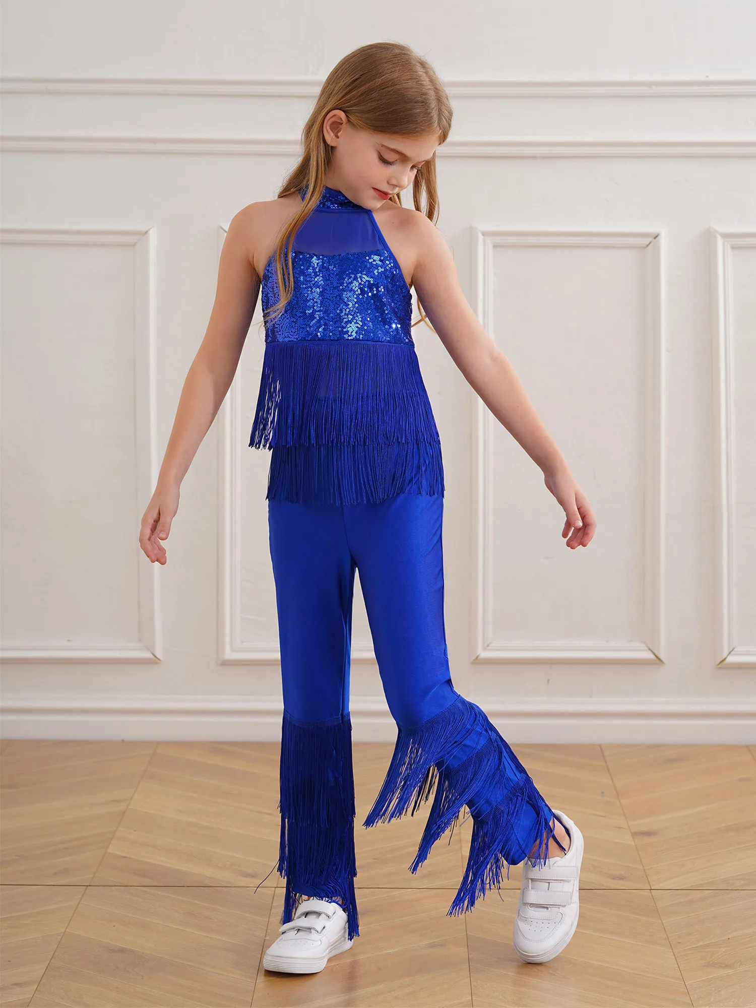 Mädchen Sparky Pailletten Overall Streetwear Kinder Jazz Dance Kostüme Neckholder Tiered Quasten Fransen Body Disco Hippie Kostüm