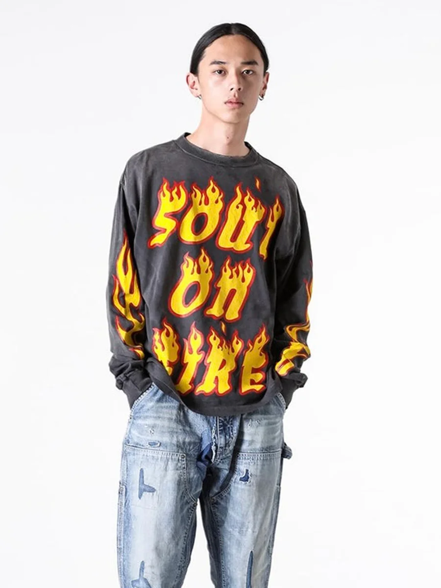 Heavyweight Soul on Fire T-Shirt Long Sleeve Washed Distressed Print Men's Casual Cotton Top Breathable Flame Letter Design