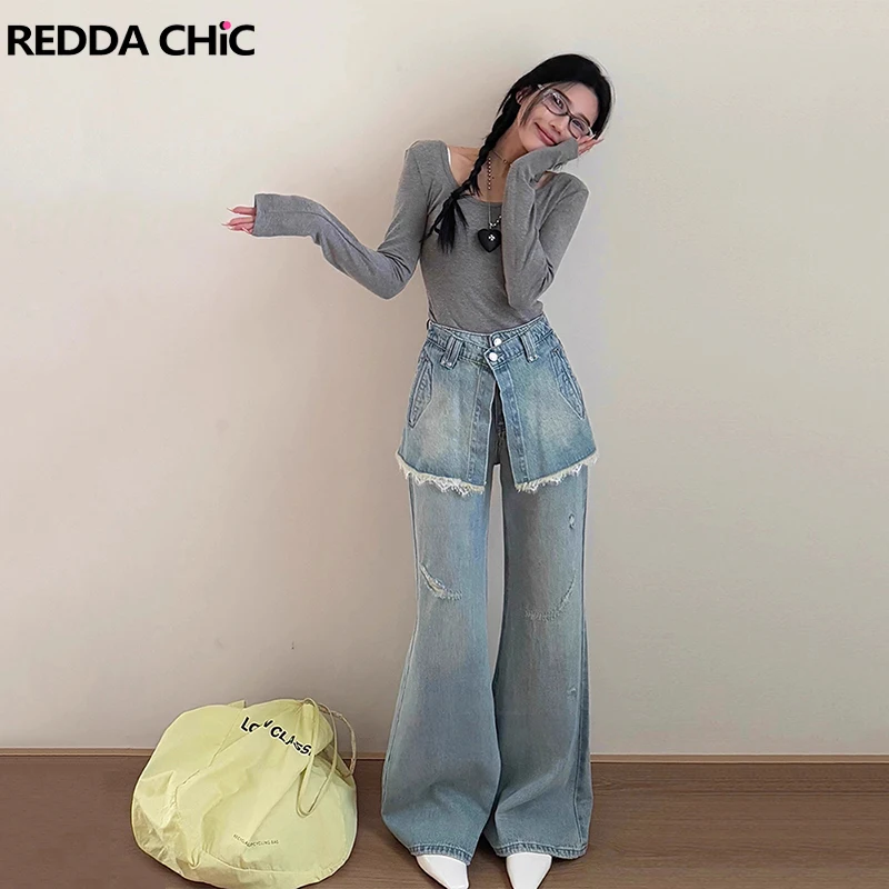 

REDDACHiC Women Wrap Around Baggy Jeans Stitch Lace Raw Edge Vintage Wash Destroyed Loose Wide Leg Pants Korean Y2k Streetwear