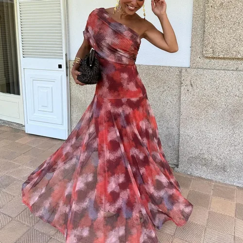 Imagen 2 del producto Vestido largo plisado sin mangas con un hombro para mujer, vestido Sexy de fiesta con estampado elegante de primavera, vestidos bohemios huecos con espalda descubierta para verano