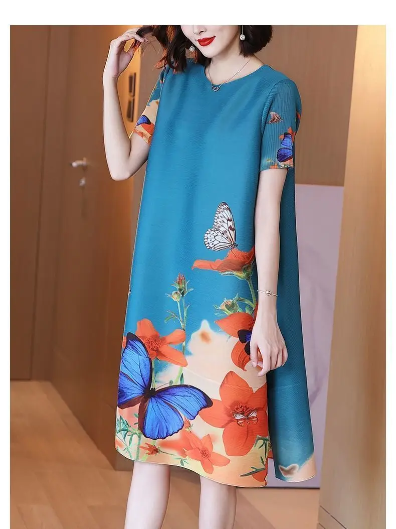 Pleated Dress 2024 Summer New Fashion Loose Print Short Sleeve Large Women's Skirt  summer dress women