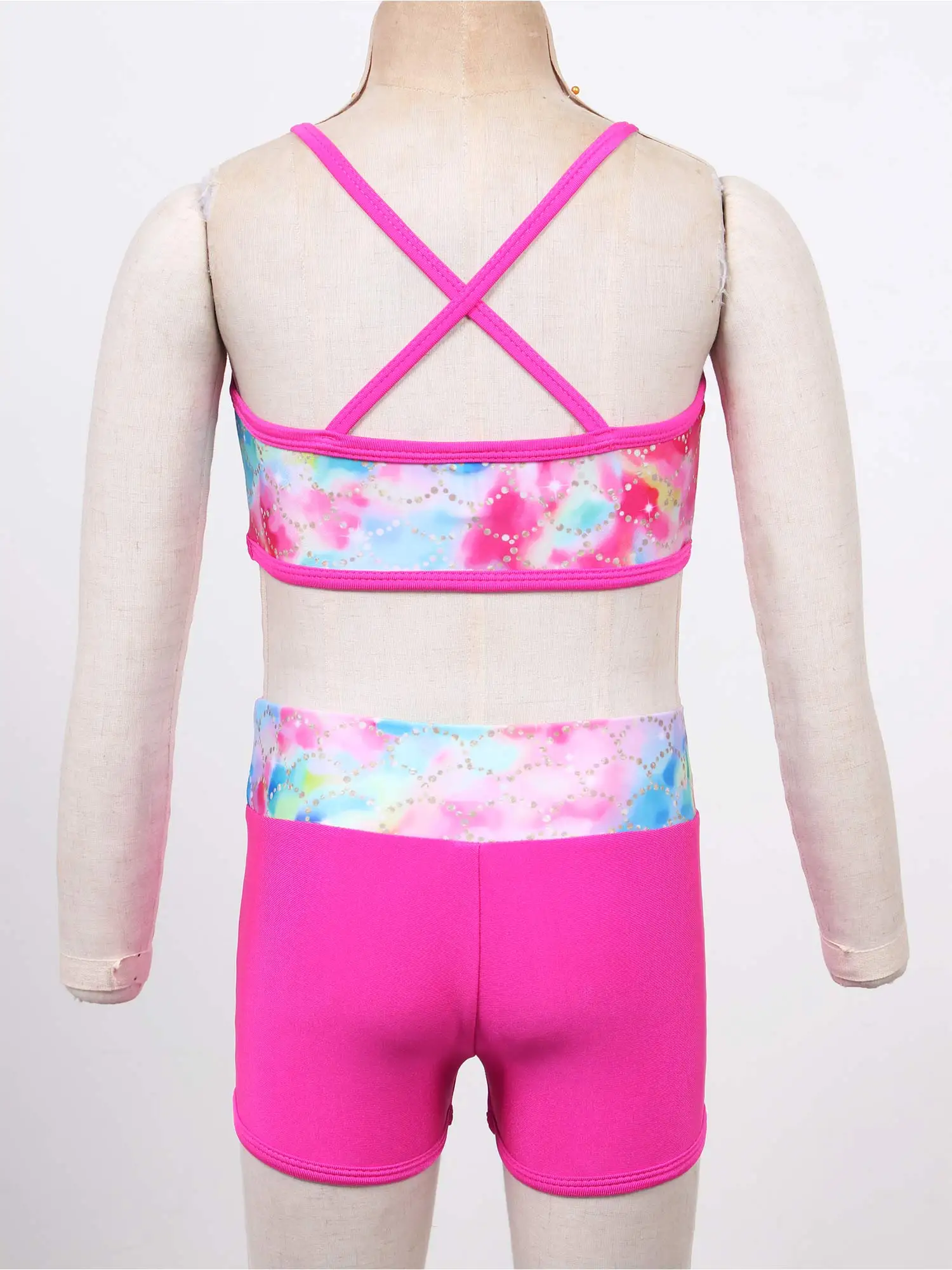 Kids Meisjes Ballet Outfit Dans Gymnastiek Turnpakje Jazz Serpeling Kostuums Print Pailletten Tank Crop Top Met Shorts Bottoms Tankini Set