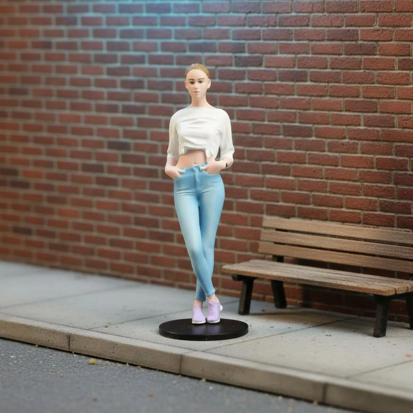 Fashion Girl Miniature Doll Figure with Painted Denim Look for Diorama Layouts and Display Cabinet Art
