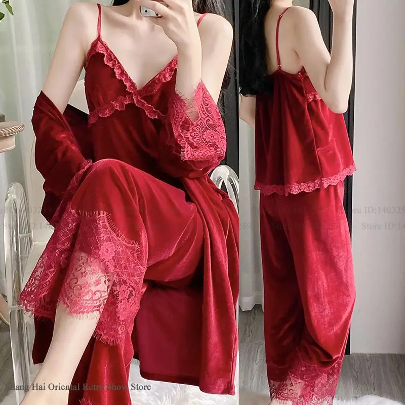 

Сексуальный бархатный халат из 3 предметов, пижамный комплект, одежда для сна, лоскутный кружевной халат, брючный пижамный костюм, осенняя новая велюровая домашняя одежда, домашняя одежда