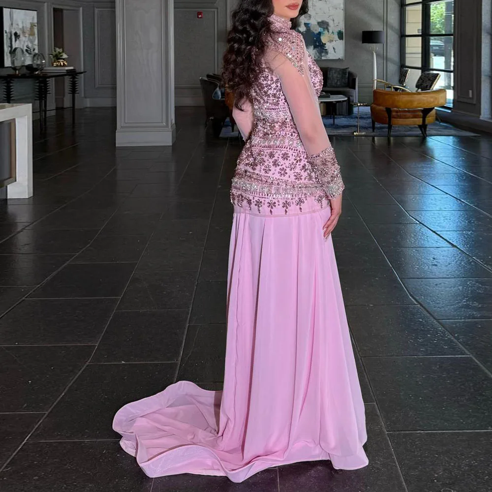 Customized Pink Crsytal Evening Dresses Transparent Sleeve A Line Chiffon Prom Gown High Collar Long Wedding Guest Dress