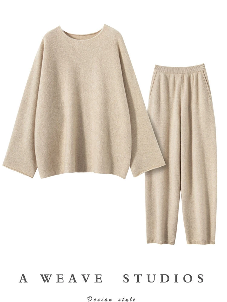 CHICUU Women 100% Cashmere Sweater Pants Suit Autumn Winter O-neck Pullover Wide Leg Pants Outfit Thickness Cashmere Set Knitted