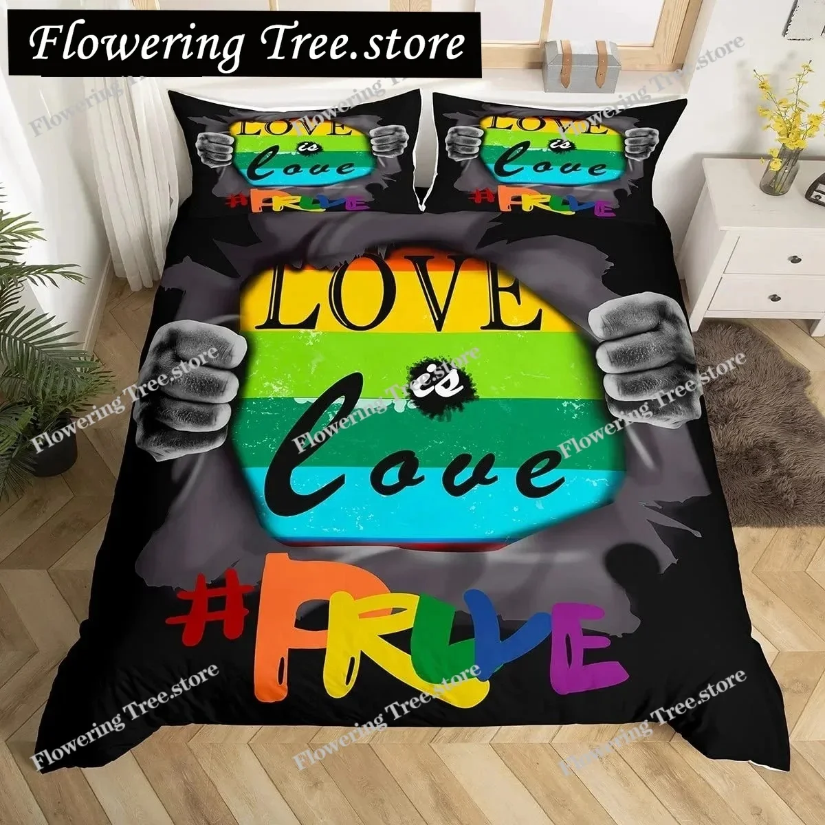 Love is Love Duvet Cover Rainbow Bedding Set Pride for Love Theme Romantic Comforter Cover Colorful Cartoon Car Bedspread Cover