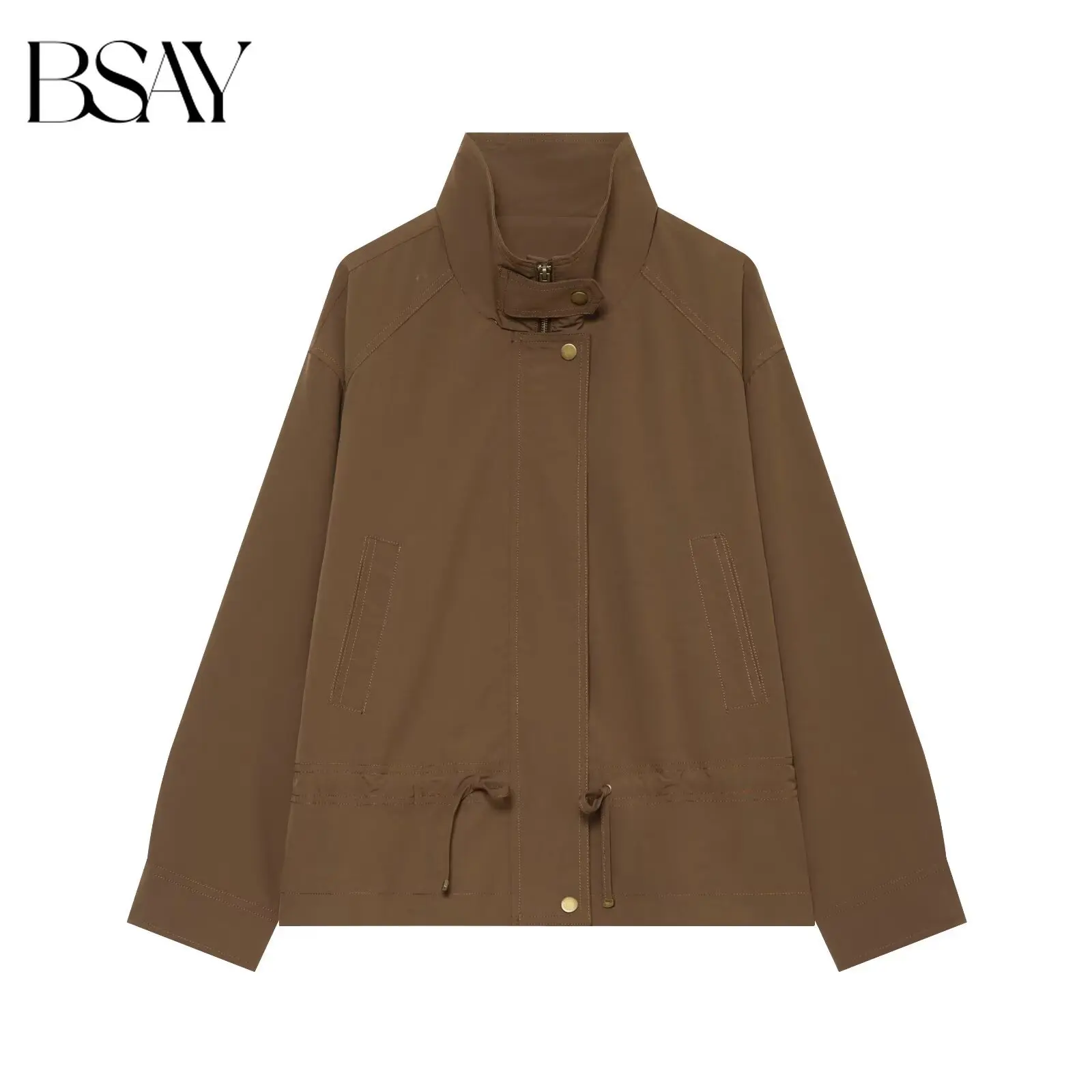 BSAY New Spring Autumn Women Oversized Cropped Cargo Jacket Stand Collar Drawstring Bubble Hem Loose Utility Windproof Outerwear