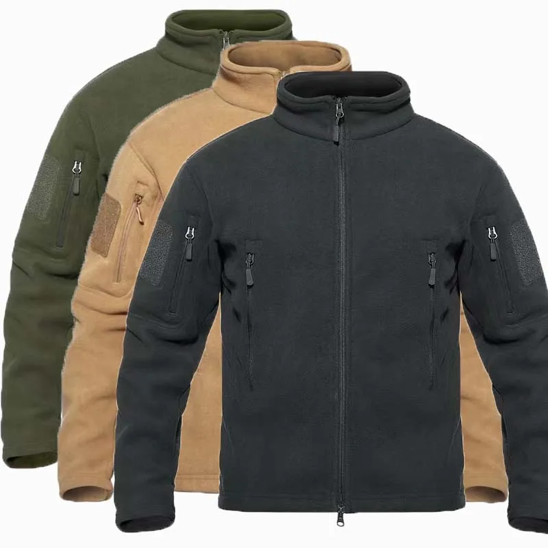 Men's Outdoor Military Tactics Hooded Fleece Coat Stand Collar Solid Color Wool Fleece Hikinghunting Combat Jacket