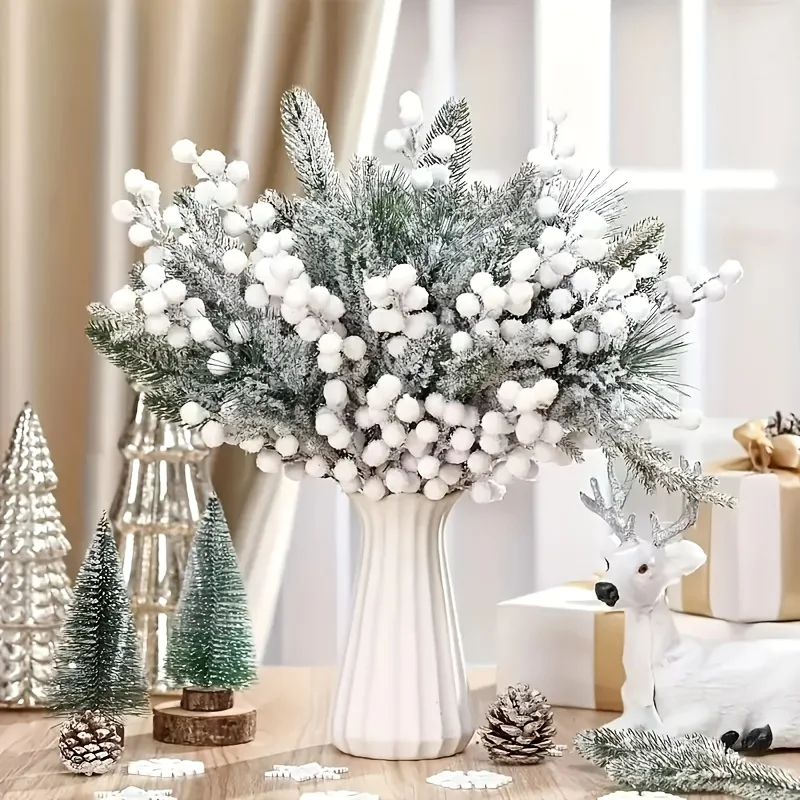 20 piezas de bayas artificiales de escarcha blanca de invierno y ramas de cedro para coronas DIY, árboles de Navidad festivos para el hogar y al aire libre