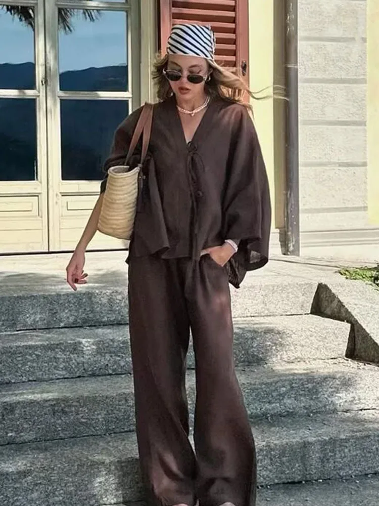 

HH Осенняя женская модная рубашка с бантом на шнуровке и v-образным вырезом с длинными рукавами + карманы для отдыха с высокой талией, плиссированные однотонные брючные костюмы на молнии