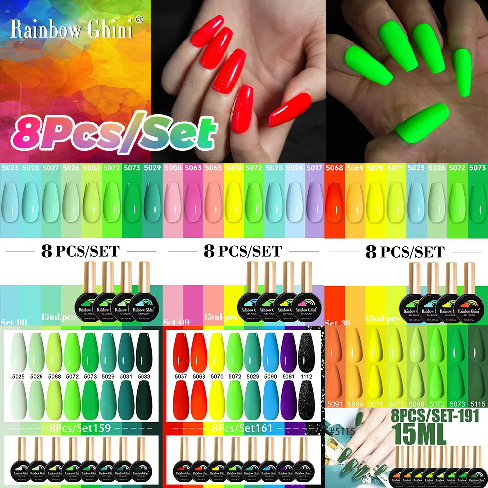 Rainbow Ghini 15ml 8pcs Fluorescent Gel Varnish Set Summer Bright Neon Colors UV/LED Soak Off Nail Polish for Stunning Manicure