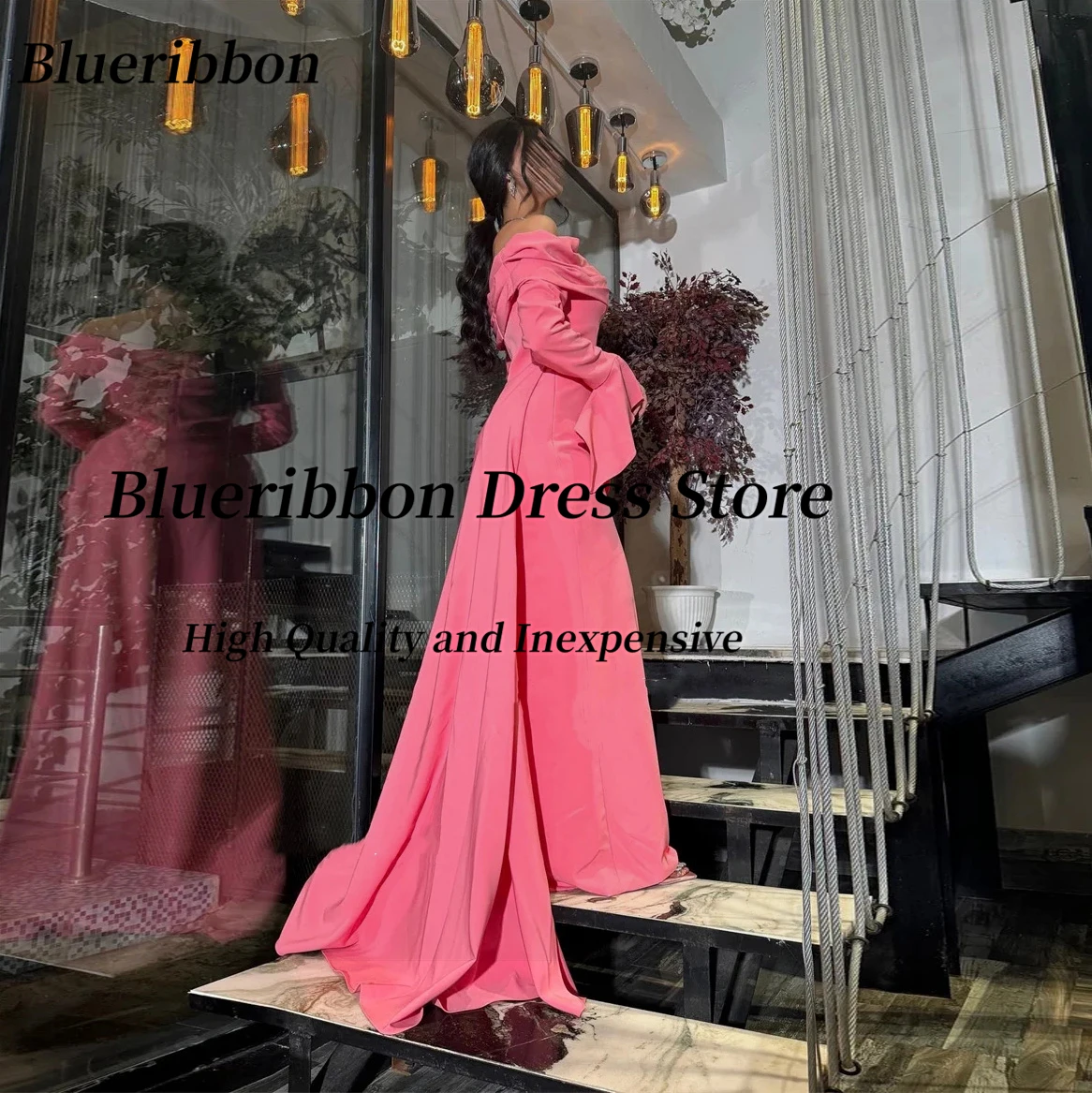 Blueribbon Elegant Long Sleeves Evening Dresses Boat Neck Customized Special Occasion Dress Flutter Train Vestidos Prom Gowns